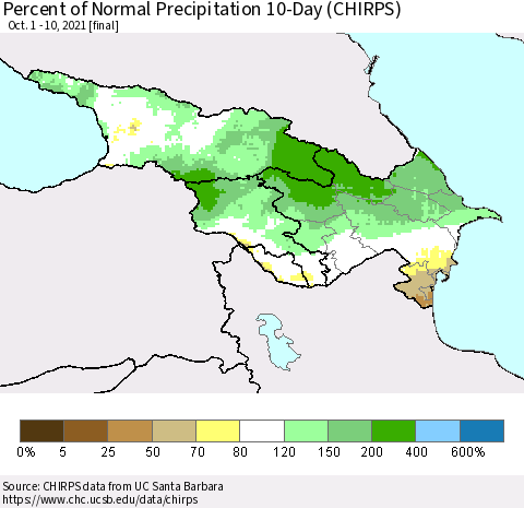 Azerbaijan, Armenia and Georgia Percent of Normal Precipitation 10-Day (CHIRPS) Thematic Map For 10/1/2021 - 10/10/2021