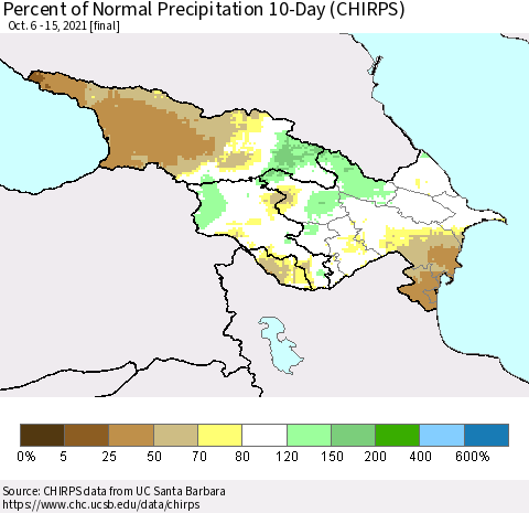 Azerbaijan, Armenia and Georgia Percent of Normal Precipitation 10-Day (CHIRPS) Thematic Map For 10/6/2021 - 10/15/2021