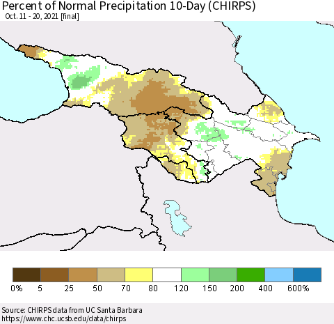 Azerbaijan, Armenia and Georgia Percent of Normal Precipitation 10-Day (CHIRPS) Thematic Map For 10/11/2021 - 10/20/2021