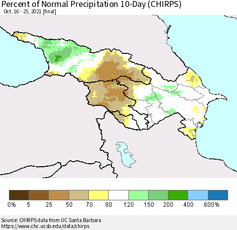 Azerbaijan, Armenia and Georgia Percent of Normal Precipitation 10-Day (CHIRPS) Thematic Map For 10/16/2021 - 10/25/2021