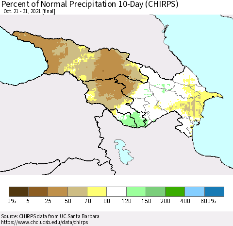 Azerbaijan, Armenia and Georgia Percent of Normal Precipitation 10-Day (CHIRPS) Thematic Map For 10/21/2021 - 10/31/2021