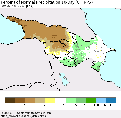 Azerbaijan, Armenia and Georgia Percent of Normal Precipitation 10-Day (CHIRPS) Thematic Map For 10/26/2021 - 11/5/2021