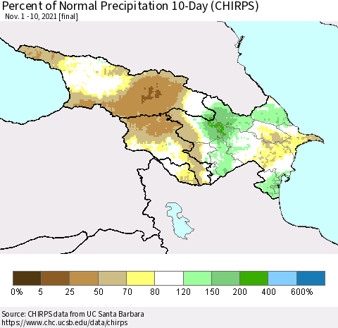 Azerbaijan, Armenia and Georgia Percent of Normal Precipitation 10-Day (CHIRPS) Thematic Map For 11/1/2021 - 11/10/2021