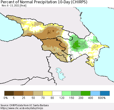 Azerbaijan, Armenia and Georgia Percent of Normal Precipitation 10-Day (CHIRPS) Thematic Map For 11/6/2021 - 11/15/2021