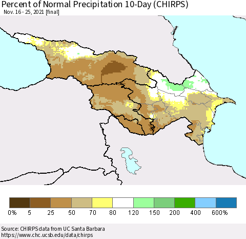 Azerbaijan, Armenia and Georgia Percent of Normal Precipitation 10-Day (CHIRPS) Thematic Map For 11/16/2021 - 11/25/2021
