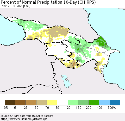 Azerbaijan, Armenia and Georgia Percent of Normal Precipitation 10-Day (CHIRPS) Thematic Map For 11/21/2021 - 11/30/2021