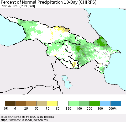 Azerbaijan, Armenia and Georgia Percent of Normal Precipitation 10-Day (CHIRPS) Thematic Map For 11/26/2021 - 12/5/2021