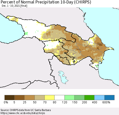 Azerbaijan, Armenia and Georgia Percent of Normal Precipitation 10-Day (CHIRPS) Thematic Map For 12/1/2021 - 12/10/2021