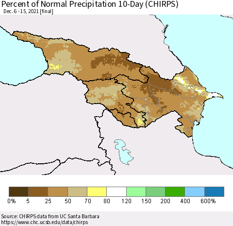 Azerbaijan, Armenia and Georgia Percent of Normal Precipitation 10-Day (CHIRPS) Thematic Map For 12/6/2021 - 12/15/2021