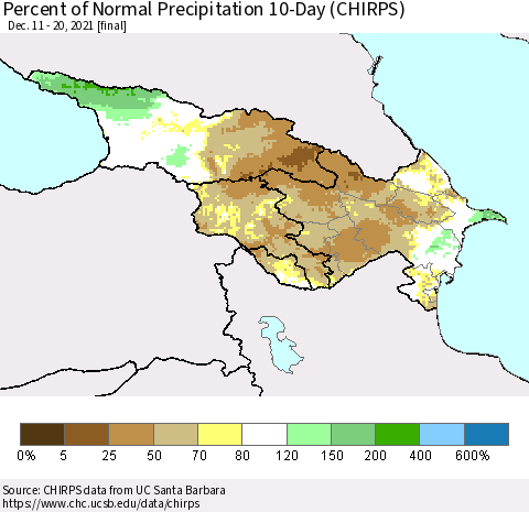 Azerbaijan, Armenia and Georgia Percent of Normal Precipitation 10-Day (CHIRPS) Thematic Map For 12/11/2021 - 12/20/2021