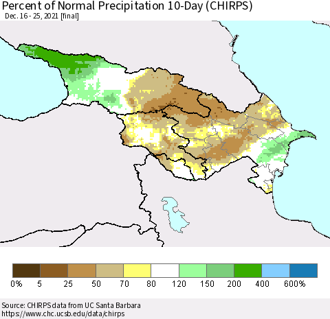 Azerbaijan, Armenia and Georgia Percent of Normal Precipitation 10-Day (CHIRPS) Thematic Map For 12/16/2021 - 12/25/2021