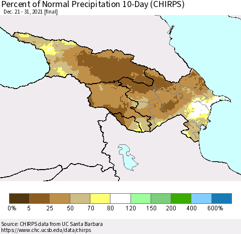 Azerbaijan, Armenia and Georgia Percent of Normal Precipitation 10-Day (CHIRPS) Thematic Map For 12/21/2021 - 12/31/2021