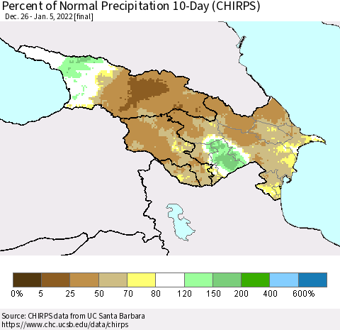Azerbaijan, Armenia and Georgia Percent of Normal Precipitation 10-Day (CHIRPS) Thematic Map For 12/26/2021 - 1/5/2022