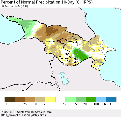 Azerbaijan, Armenia and Georgia Percent of Normal Precipitation 10-Day (CHIRPS) Thematic Map For 1/1/2022 - 1/10/2022