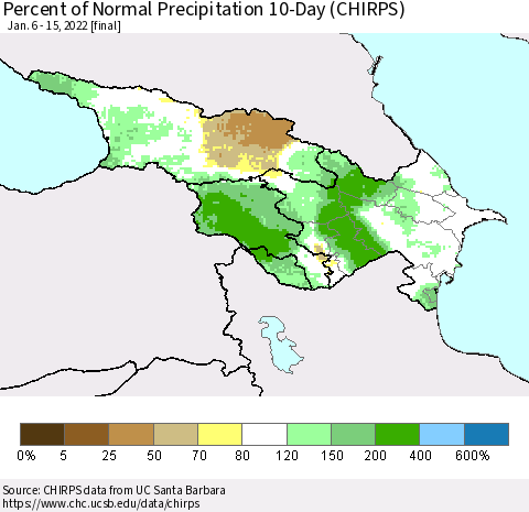 Azerbaijan, Armenia and Georgia Percent of Normal Precipitation 10-Day (CHIRPS) Thematic Map For 1/6/2022 - 1/15/2022