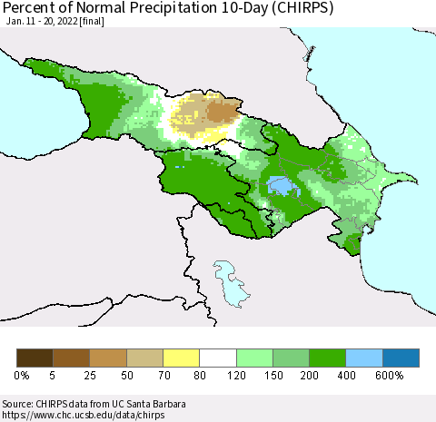 Azerbaijan, Armenia and Georgia Percent of Normal Precipitation 10-Day (CHIRPS) Thematic Map For 1/11/2022 - 1/20/2022