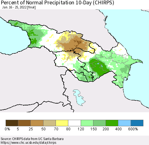 Azerbaijan, Armenia and Georgia Percent of Normal Precipitation 10-Day (CHIRPS) Thematic Map For 1/16/2022 - 1/25/2022