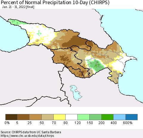 Azerbaijan, Armenia and Georgia Percent of Normal Precipitation 10-Day (CHIRPS) Thematic Map For 1/21/2022 - 1/31/2022