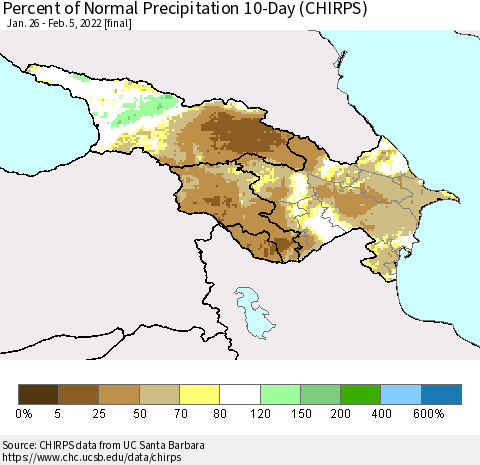 Azerbaijan, Armenia and Georgia Percent of Normal Precipitation 10-Day (CHIRPS) Thematic Map For 1/26/2022 - 2/5/2022