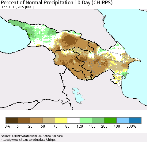 Azerbaijan, Armenia and Georgia Percent of Normal Precipitation 10-Day (CHIRPS) Thematic Map For 2/1/2022 - 2/10/2022