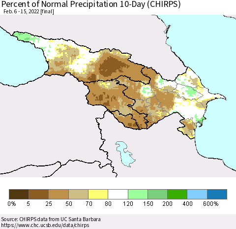 Azerbaijan, Armenia and Georgia Percent of Normal Precipitation 10-Day (CHIRPS) Thematic Map For 2/6/2022 - 2/15/2022