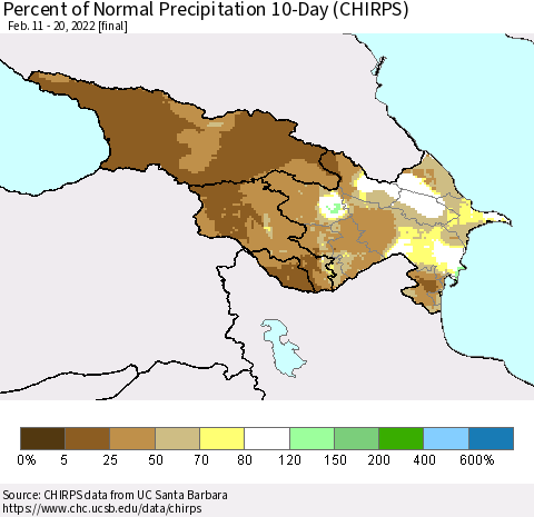 Azerbaijan, Armenia and Georgia Percent of Normal Precipitation 10-Day (CHIRPS) Thematic Map For 2/11/2022 - 2/20/2022