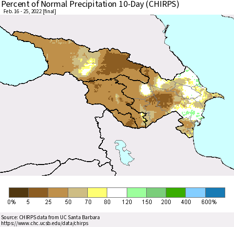 Azerbaijan, Armenia and Georgia Percent of Normal Precipitation 10-Day (CHIRPS) Thematic Map For 2/16/2022 - 2/25/2022