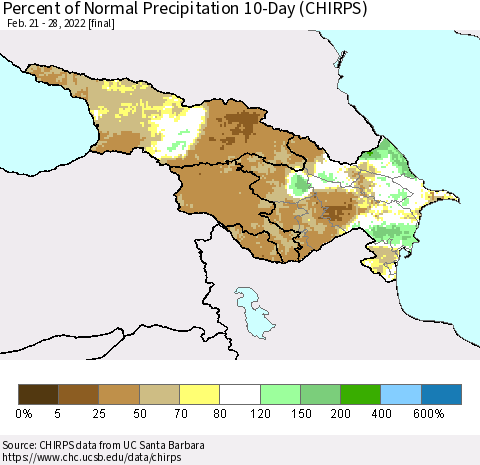 Azerbaijan, Armenia and Georgia Percent of Normal Precipitation 10-Day (CHIRPS) Thematic Map For 2/21/2022 - 2/28/2022