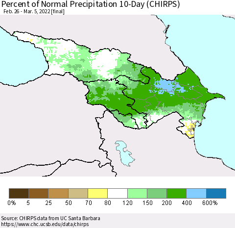 Azerbaijan, Armenia and Georgia Percent of Normal Precipitation 10-Day (CHIRPS) Thematic Map For 2/26/2022 - 3/5/2022