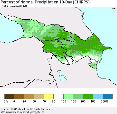 Azerbaijan, Armenia and Georgia Percent of Normal Precipitation 10-Day (CHIRPS) Thematic Map For 3/1/2022 - 3/10/2022