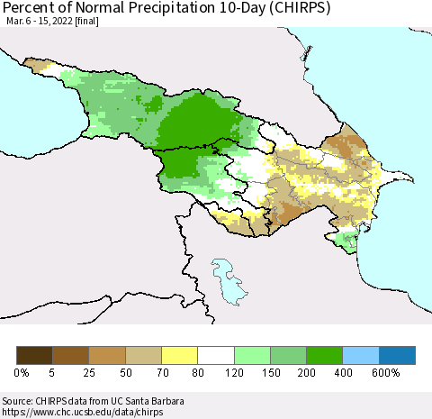 Azerbaijan, Armenia and Georgia Percent of Normal Precipitation 10-Day (CHIRPS) Thematic Map For 3/6/2022 - 3/15/2022