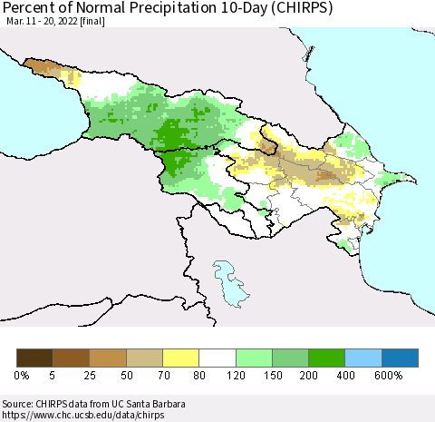 Azerbaijan, Armenia and Georgia Percent of Normal Precipitation 10-Day (CHIRPS) Thematic Map For 3/11/2022 - 3/20/2022