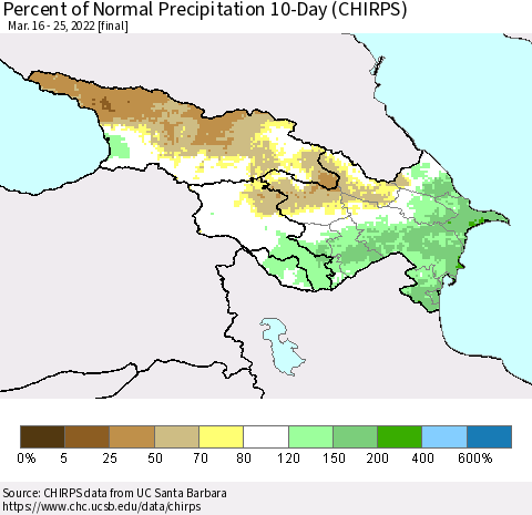Azerbaijan, Armenia and Georgia Percent of Normal Precipitation 10-Day (CHIRPS) Thematic Map For 3/16/2022 - 3/25/2022