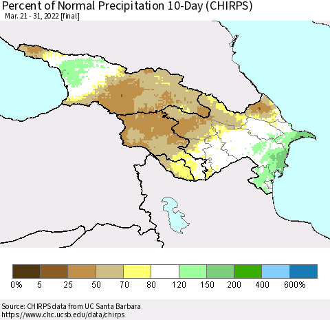 Azerbaijan, Armenia and Georgia Percent of Normal Precipitation 10-Day (CHIRPS) Thematic Map For 3/21/2022 - 3/31/2022