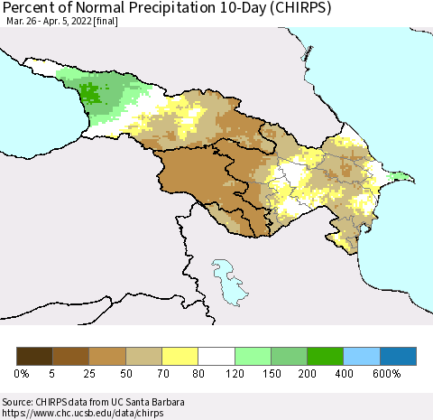 Azerbaijan, Armenia and Georgia Percent of Normal Precipitation 10-Day (CHIRPS) Thematic Map For 3/26/2022 - 4/5/2022