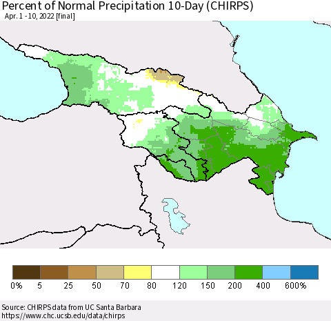 Azerbaijan, Armenia and Georgia Percent of Normal Precipitation 10-Day (CHIRPS) Thematic Map For 4/1/2022 - 4/10/2022