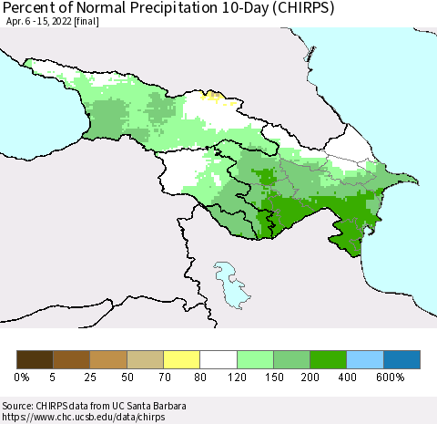 Azerbaijan, Armenia and Georgia Percent of Normal Precipitation 10-Day (CHIRPS) Thematic Map For 4/6/2022 - 4/15/2022
