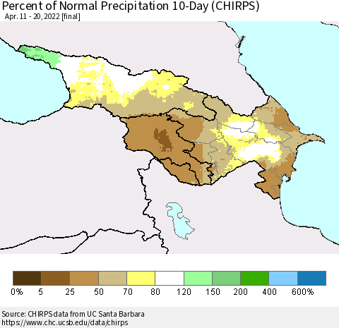 Azerbaijan, Armenia and Georgia Percent of Normal Precipitation 10-Day (CHIRPS) Thematic Map For 4/11/2022 - 4/20/2022