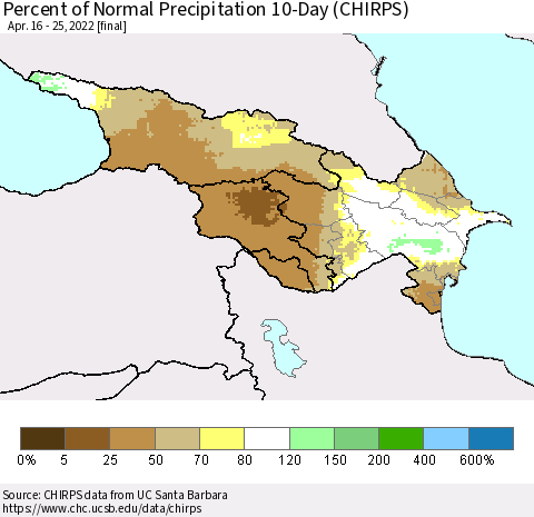 Azerbaijan, Armenia and Georgia Percent of Normal Precipitation 10-Day (CHIRPS) Thematic Map For 4/16/2022 - 4/25/2022