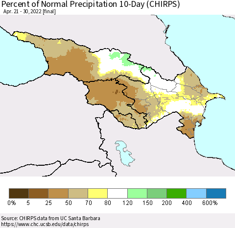 Azerbaijan, Armenia and Georgia Percent of Normal Precipitation 10-Day (CHIRPS) Thematic Map For 4/21/2022 - 4/30/2022