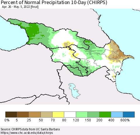Azerbaijan, Armenia and Georgia Percent of Normal Precipitation 10-Day (CHIRPS) Thematic Map For 4/26/2022 - 5/5/2022