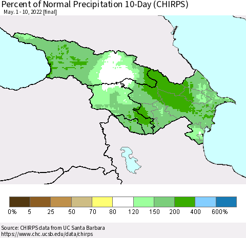 Azerbaijan, Armenia and Georgia Percent of Normal Precipitation 10-Day (CHIRPS) Thematic Map For 5/1/2022 - 5/10/2022