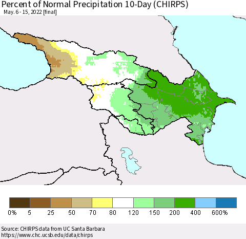 Azerbaijan, Armenia and Georgia Percent of Normal Precipitation 10-Day (CHIRPS) Thematic Map For 5/6/2022 - 5/15/2022