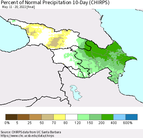 Azerbaijan, Armenia and Georgia Percent of Normal Precipitation 10-Day (CHIRPS) Thematic Map For 5/11/2022 - 5/20/2022