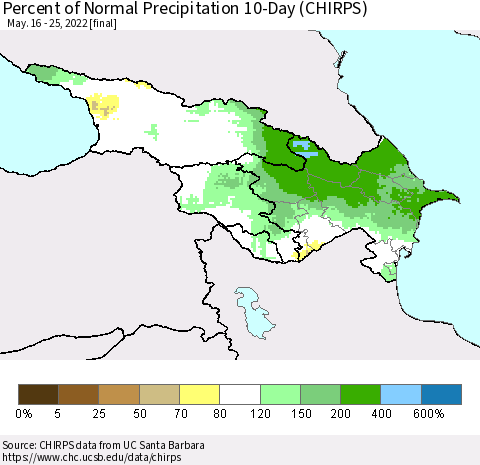 Azerbaijan, Armenia and Georgia Percent of Normal Precipitation 10-Day (CHIRPS) Thematic Map For 5/16/2022 - 5/25/2022