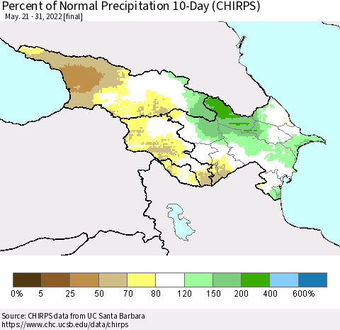 Azerbaijan, Armenia and Georgia Percent of Normal Precipitation 10-Day (CHIRPS) Thematic Map For 5/21/2022 - 5/31/2022