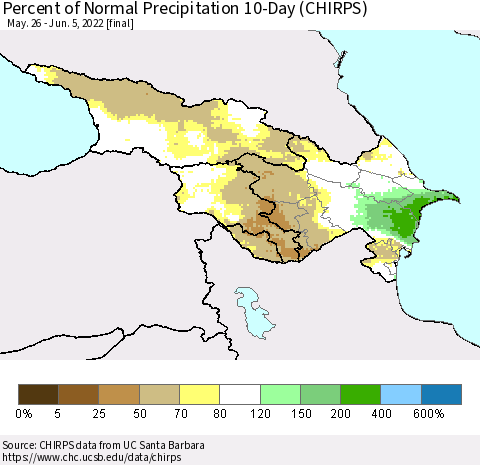 Azerbaijan, Armenia and Georgia Percent of Normal Precipitation 10-Day (CHIRPS) Thematic Map For 5/26/2022 - 6/5/2022