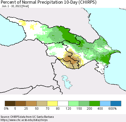 Azerbaijan, Armenia and Georgia Percent of Normal Precipitation 10-Day (CHIRPS) Thematic Map For 6/1/2022 - 6/10/2022