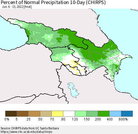 Azerbaijan, Armenia and Georgia Percent of Normal Precipitation 10-Day (CHIRPS) Thematic Map For 6/6/2022 - 6/15/2022