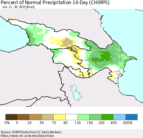 Azerbaijan, Armenia and Georgia Percent of Normal Precipitation 10-Day (CHIRPS) Thematic Map For 6/11/2022 - 6/20/2022